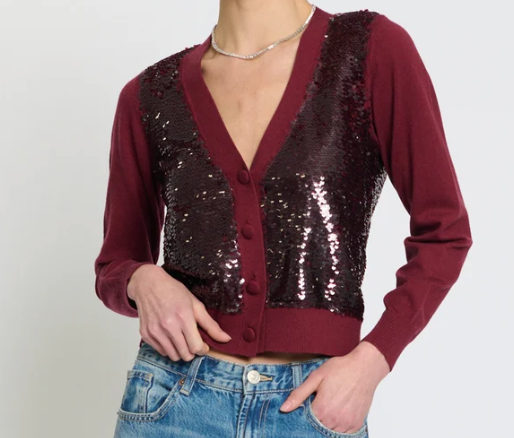 Burgundy Sequin Cardigan at Gitane boutique