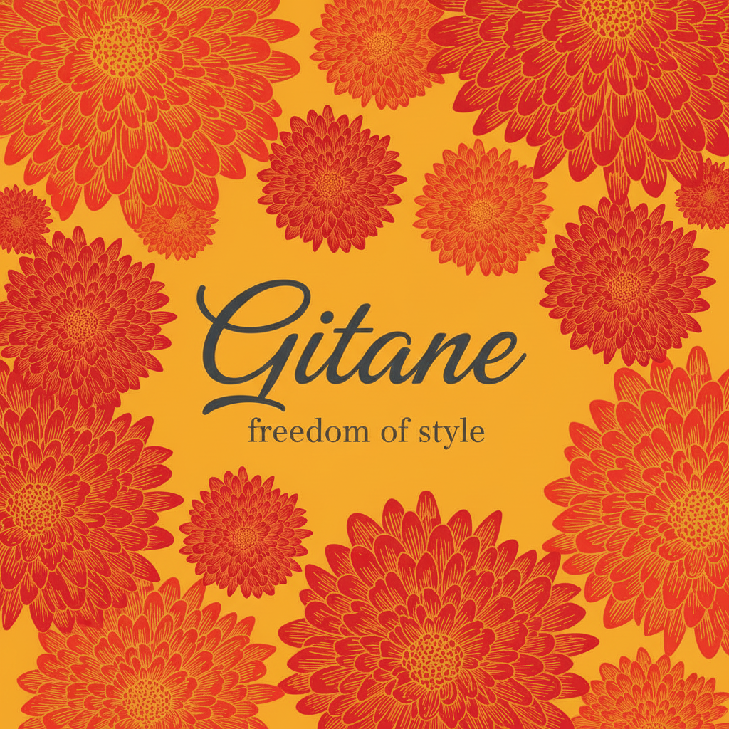 Gitane – freedom of style floral brand graphic with crimson flowers on golden yellow