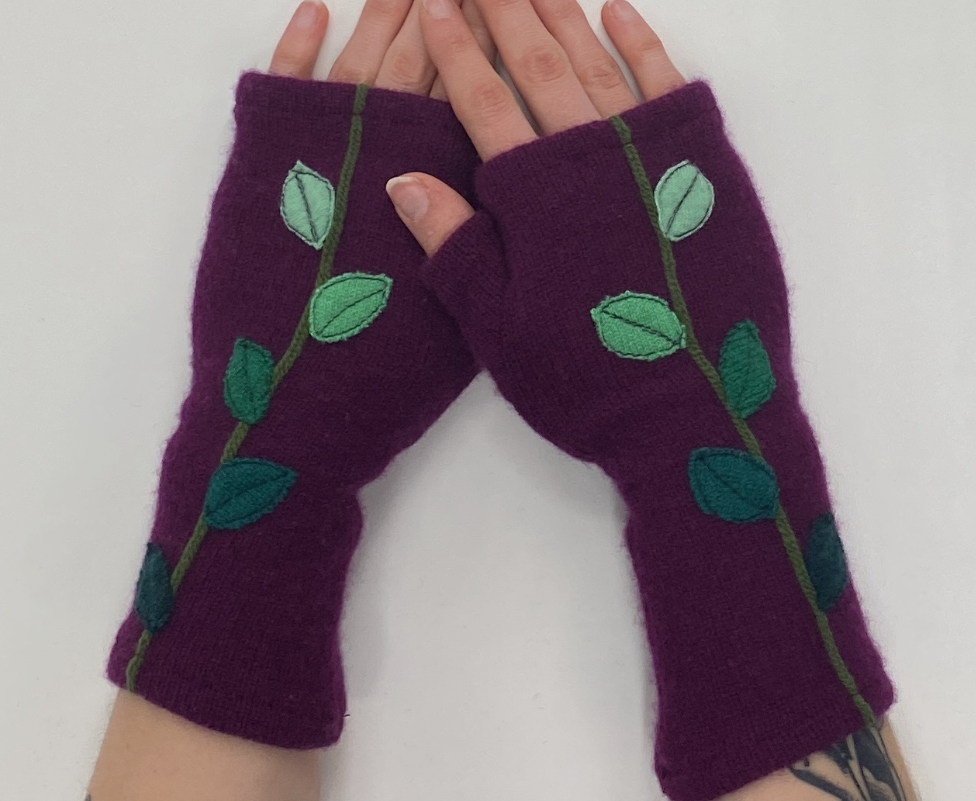 Purple Leaf Embroidered Fingerless Gloves at Gitane boutique